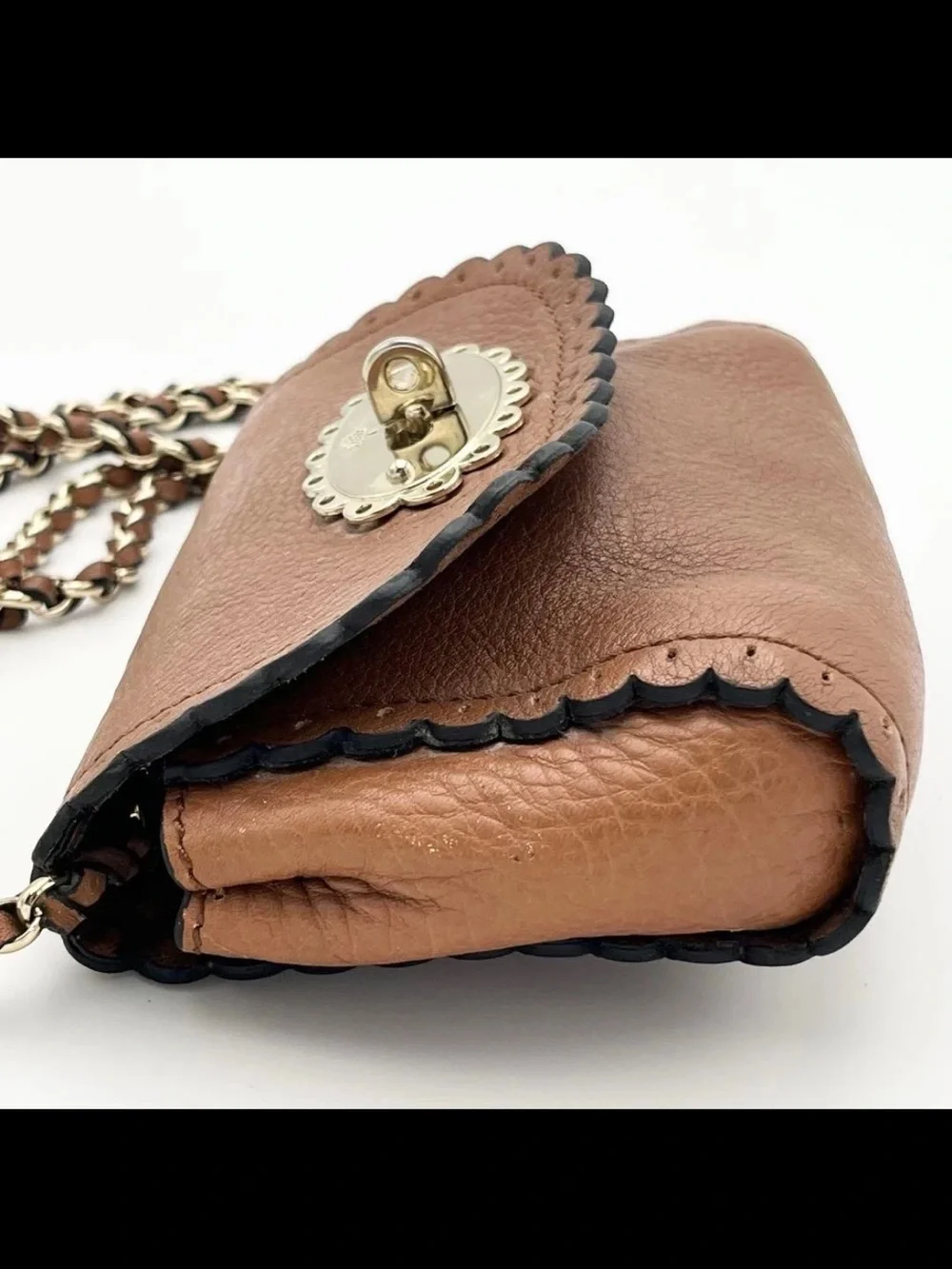 Mulberry Tan Leather Scalloped Flap Crossbody with Chain Strap